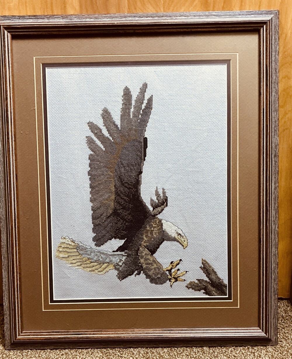 Americana Wall Decor Handmade Eagle In Flight Matted Framed Cross Stitch 15 X 18
